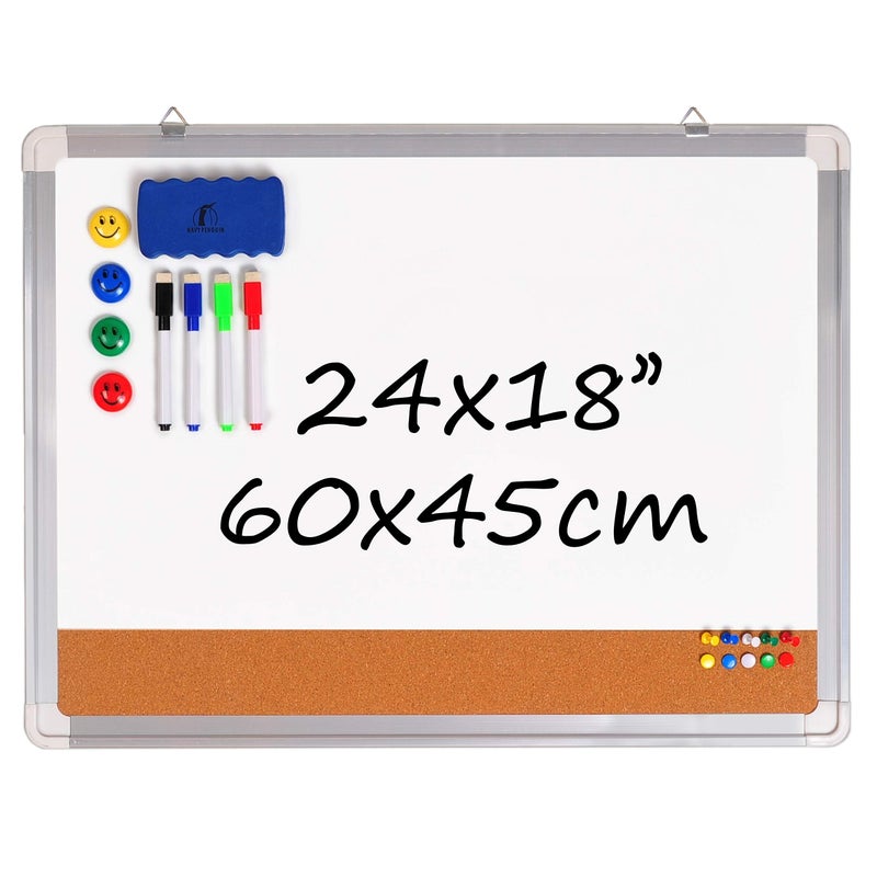 Navy Penguin White Board Cork Board Combo - 24x18 in Dry Erase Board with Cork and 1 Magnetic Eraser, 4 Dry Wipe Markers, 4 Magnets and 10 Pins - Wall Hanging Whiteboard with Corkboard for Home and Office - Image 1